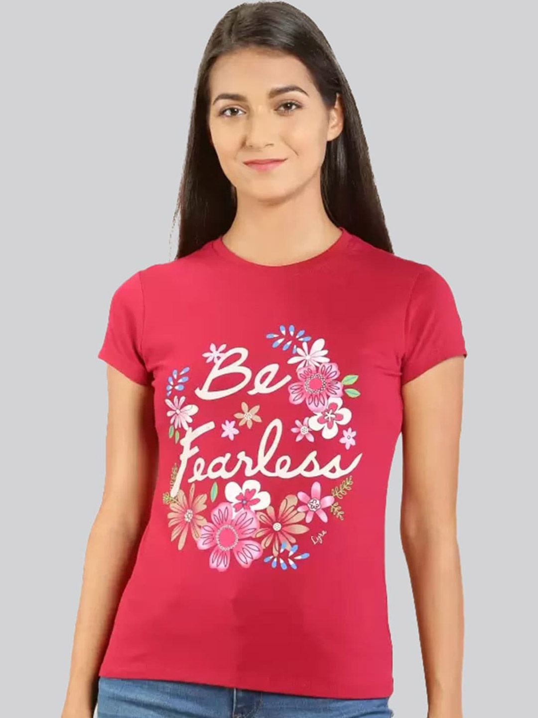 

LYRA Round Neck Typography Printed Floral Motif Cotton T-shirt, Red