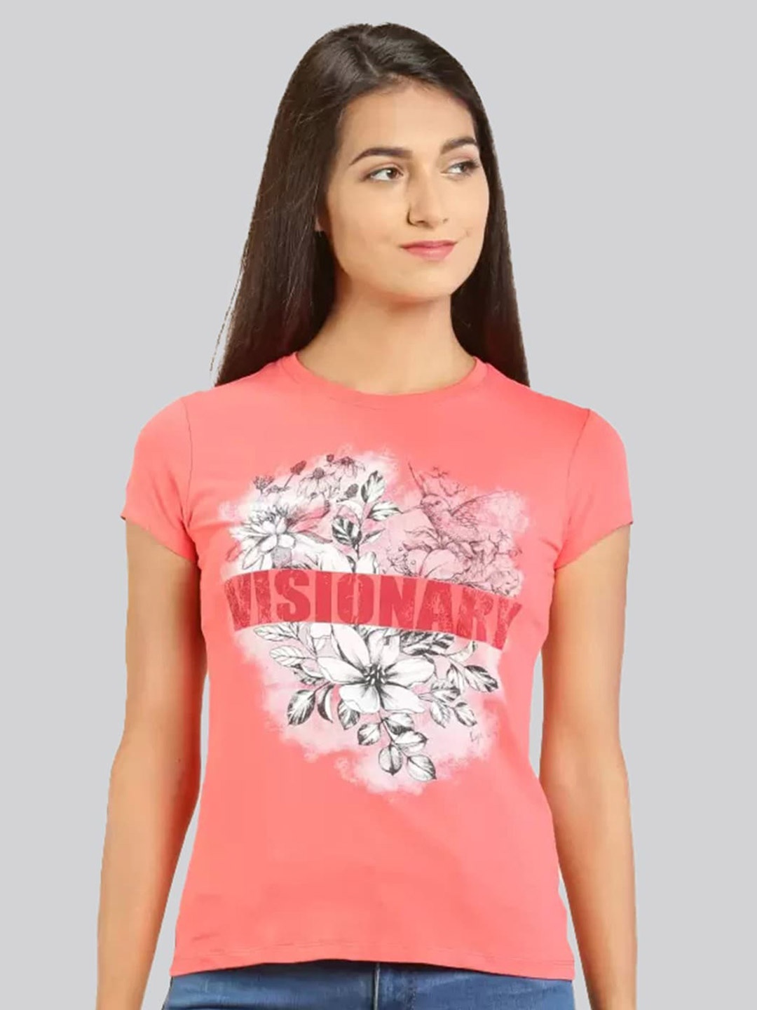 

LYRA Women Typography Printed Cotton T-shirt, Peach