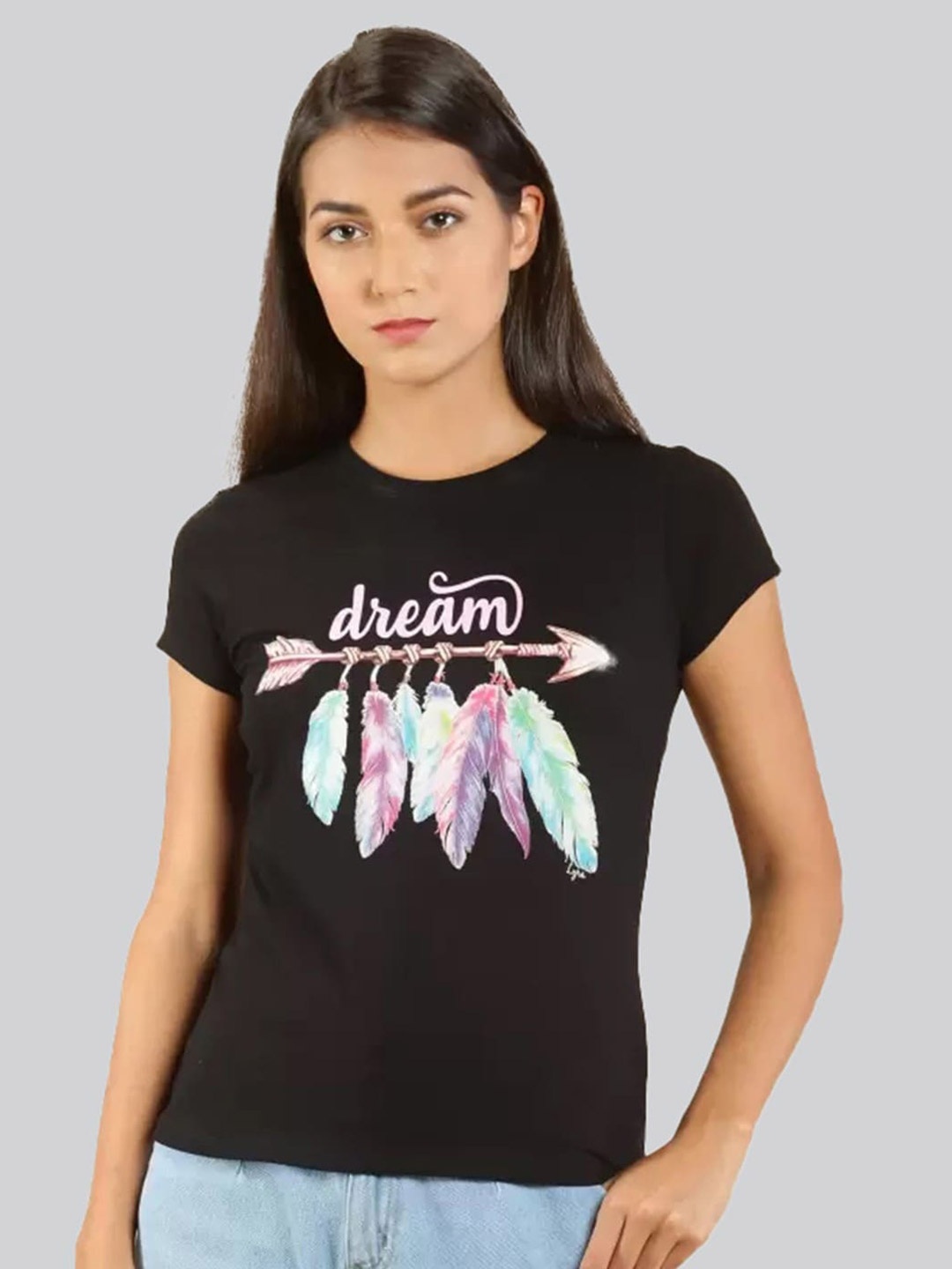 LYRA Women Typography Printed Cotton T-shirt, Black