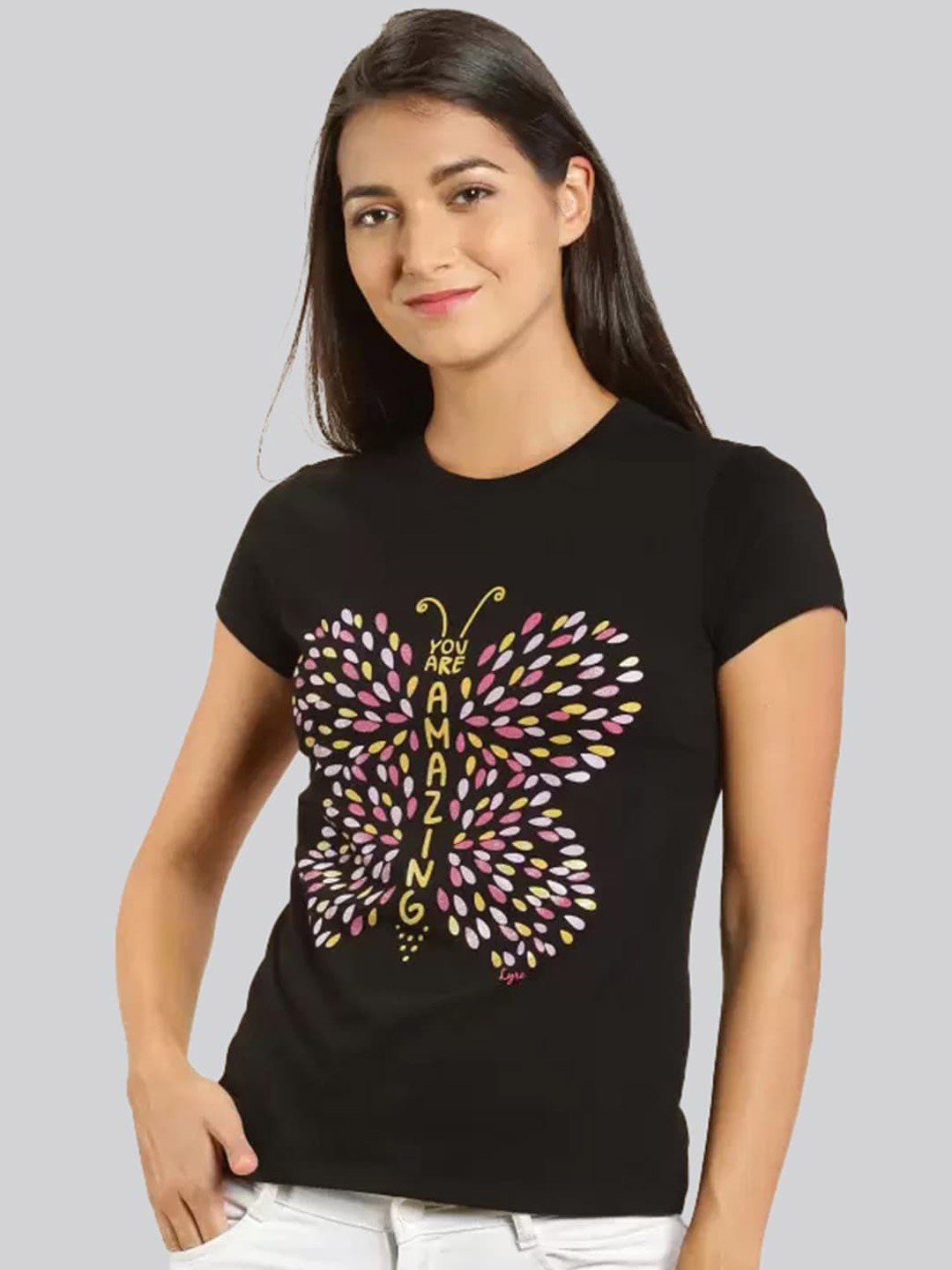 

LYRA Women Graphic Printed Cotton T-shirt, Black