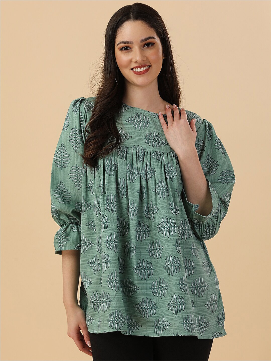 

GUFRINA Ethnic Motifs Printed Bell Sleeves Empire Top, Green