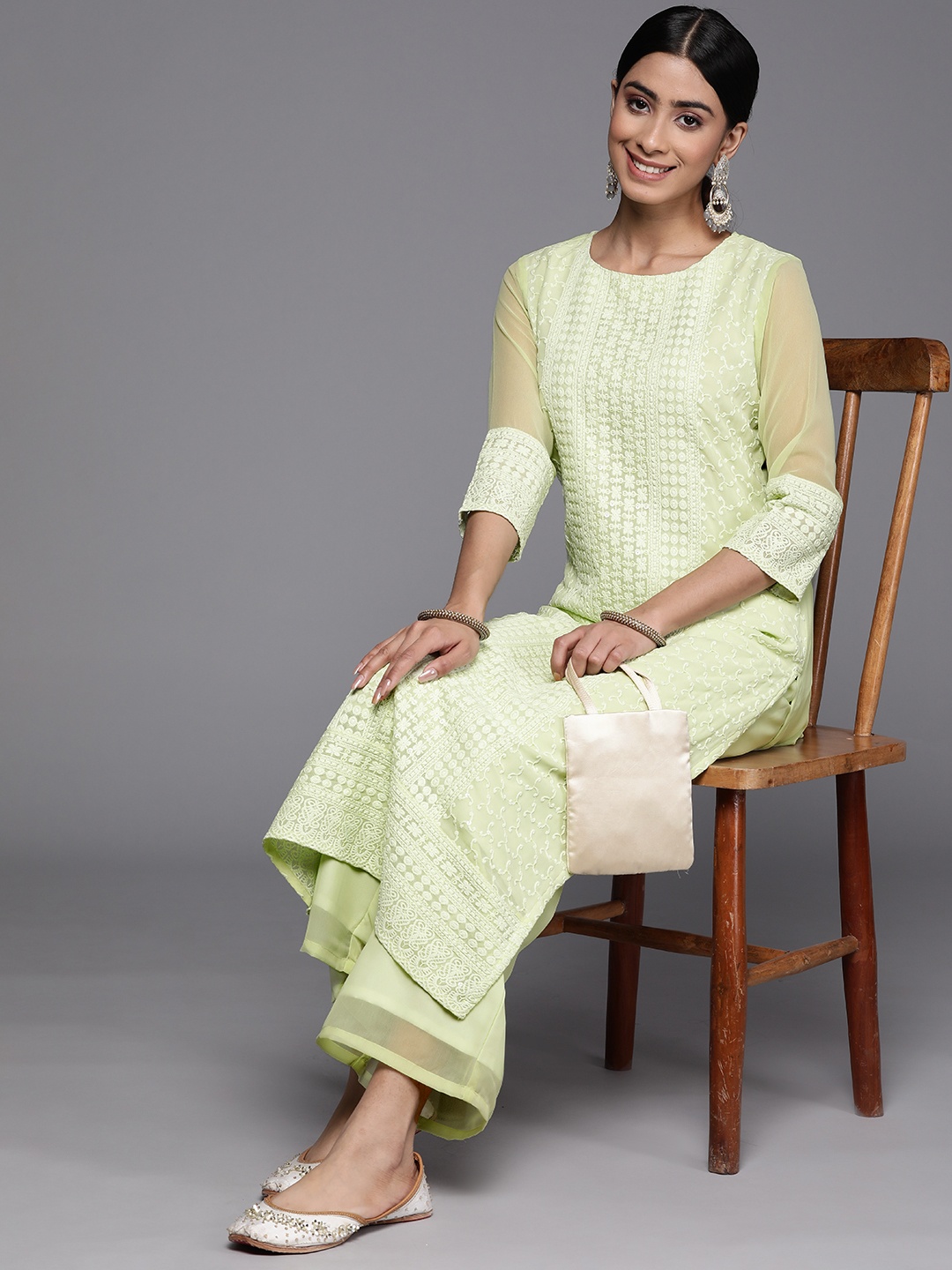 

Inddus Floral Embroidered Chikankari Kurta with Palazzos, Green