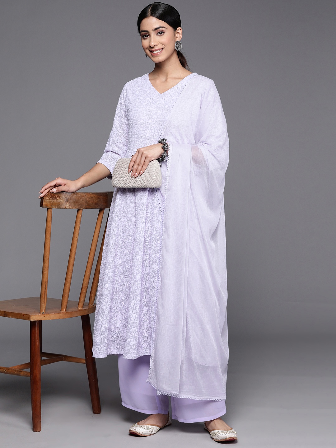 

Inddus Women Lavender Embroidered Chikankari Kurta with Palazzos & With Dupatta