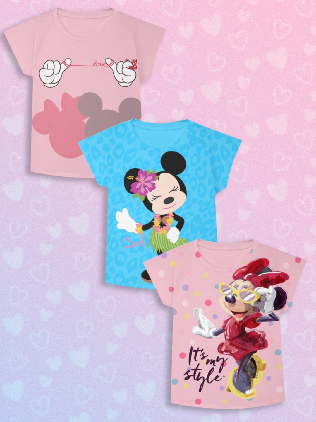 

YK Disney Girls Pack Of 3 Minnie Mouse Printed Extended Sleeves T-shirt, Pink