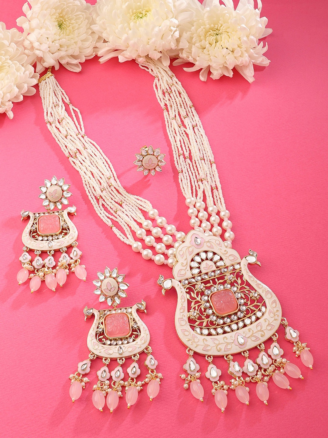 

Zaveri Pearls Gold-Plated Stone & Beads-Studded Meenakari Layered Jewellery Set, White