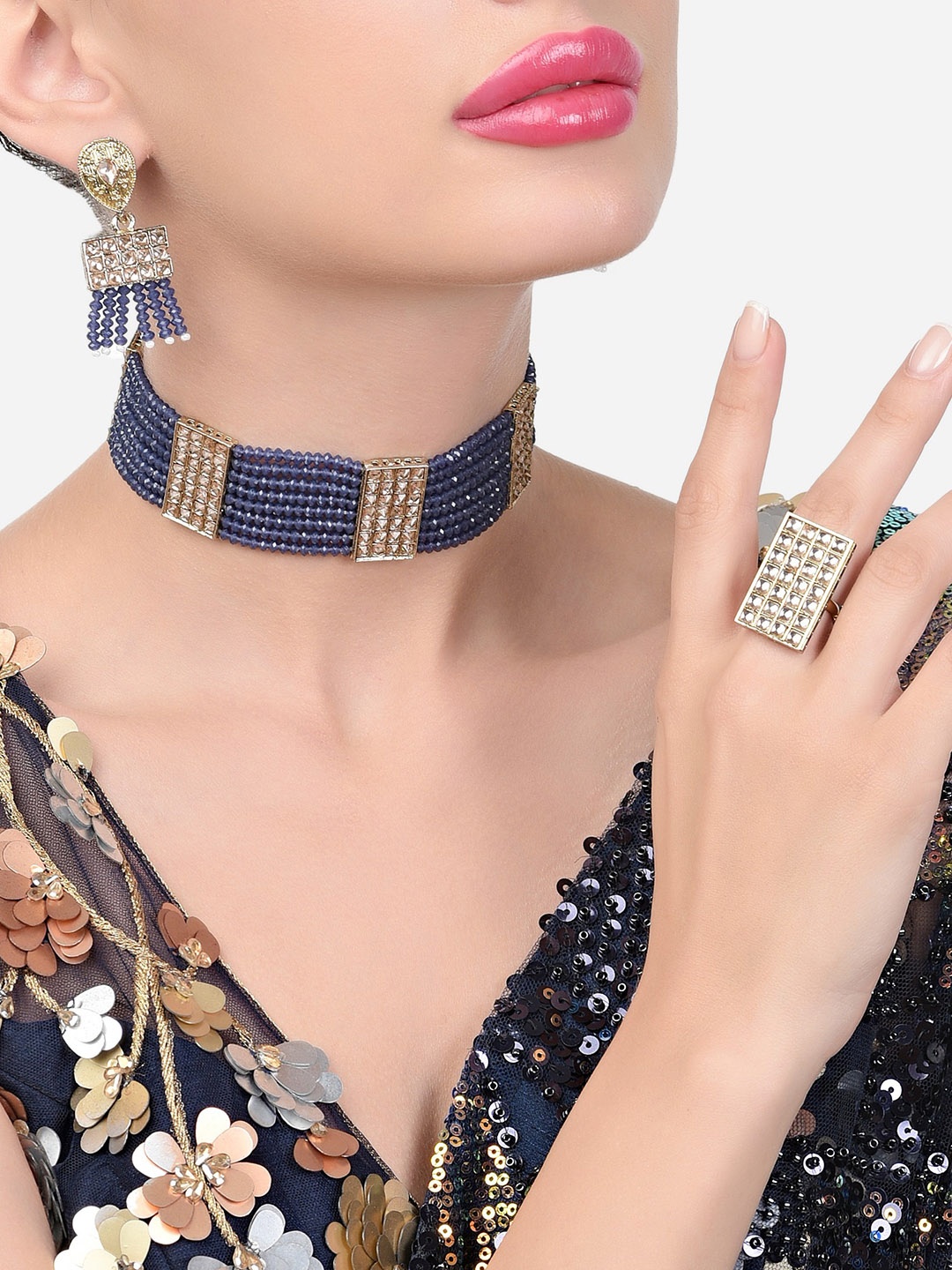 

Zaveri Pearls Gold-Plated Crystal Studded & Beaded Jewellery Set, Navy blue