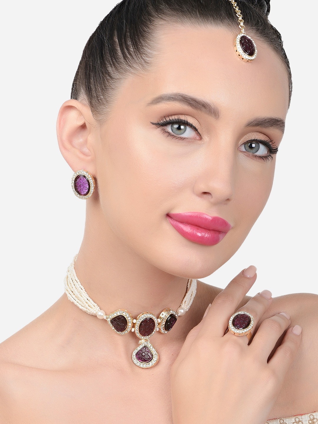 

Zaveri Pearls Gold-Plated Kundan Studded & Beaded Jewellery Set, Purple
