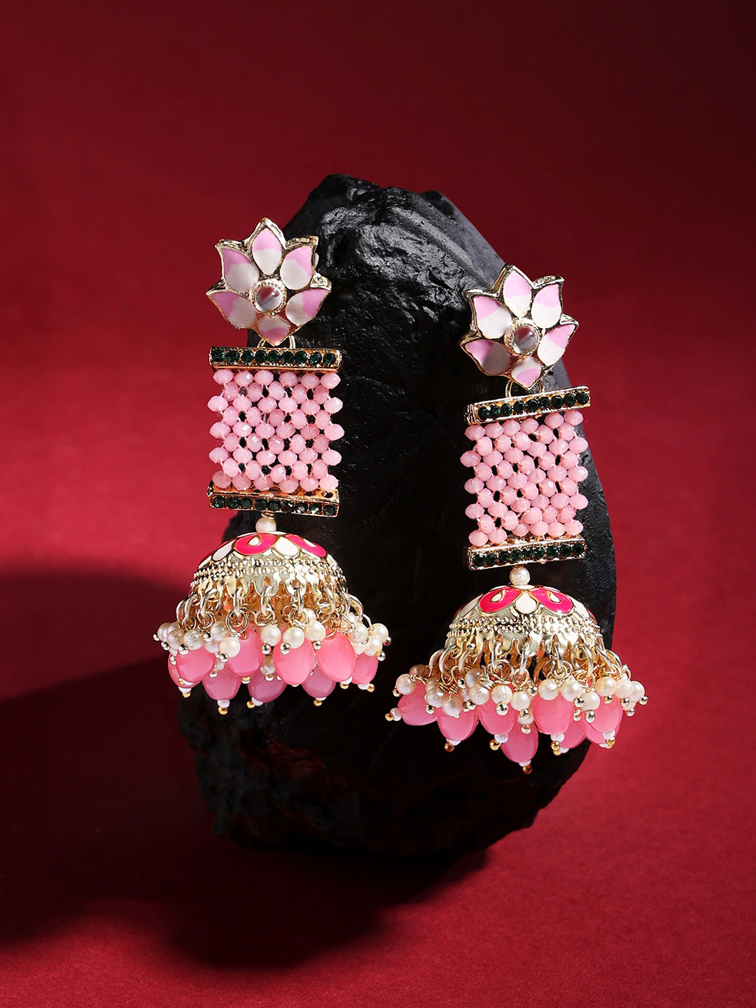 

Zaveri Pearls Gold-Plated Contemporary Meenakari Jhumkas Earrings, Pink