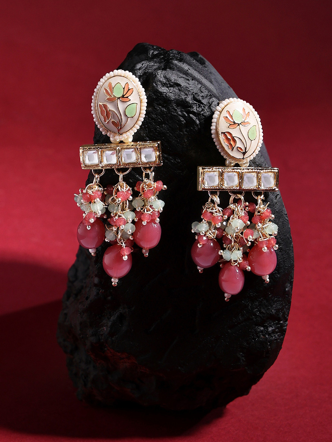 

Zaveri Pearls Gold-Plated Kundan Contemporary Drop Earrings, Pink