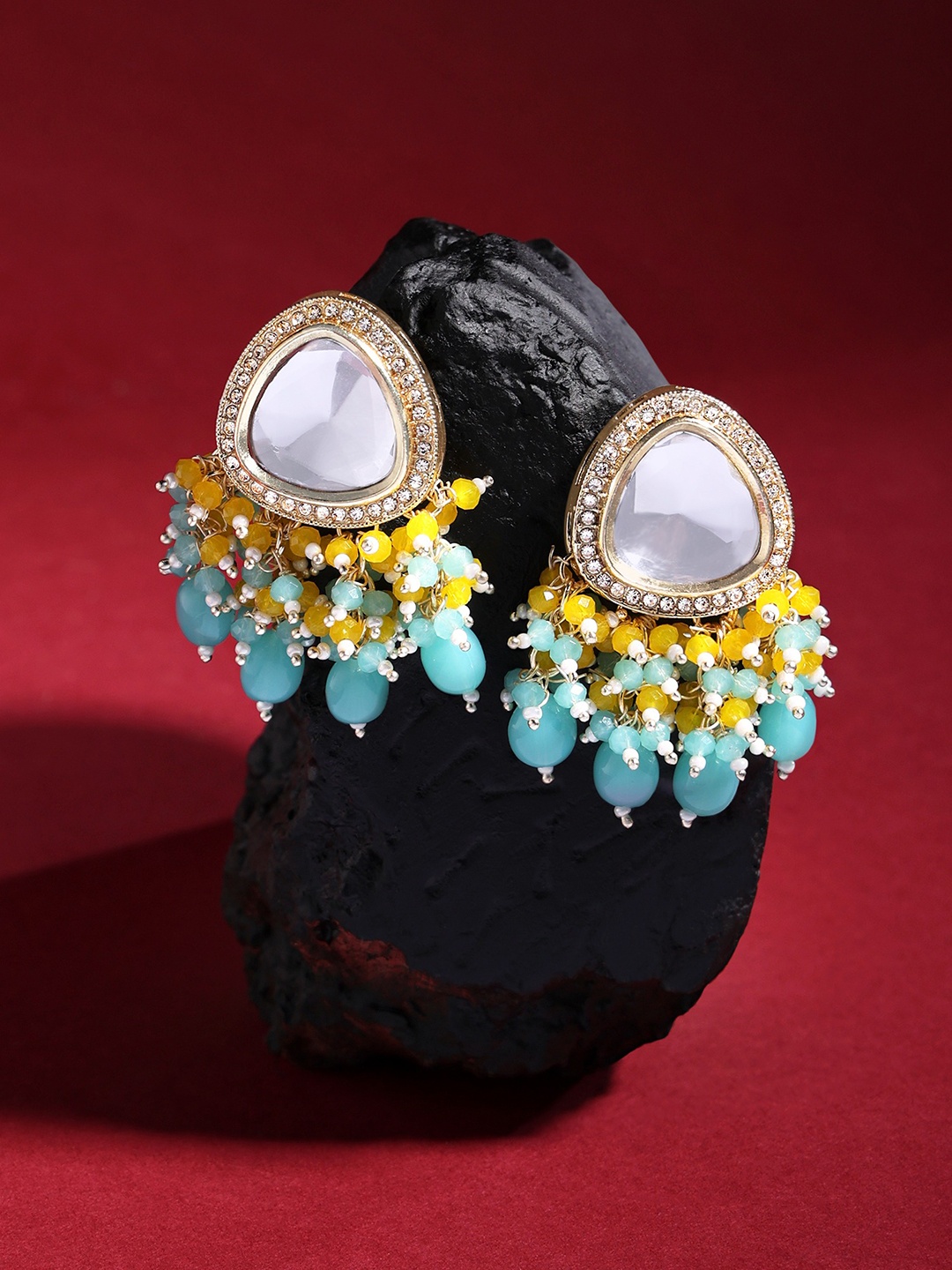 

Zaveri Pearls Gold-Plated Contemporary Kundan Drop Earrings, Turquoise blue