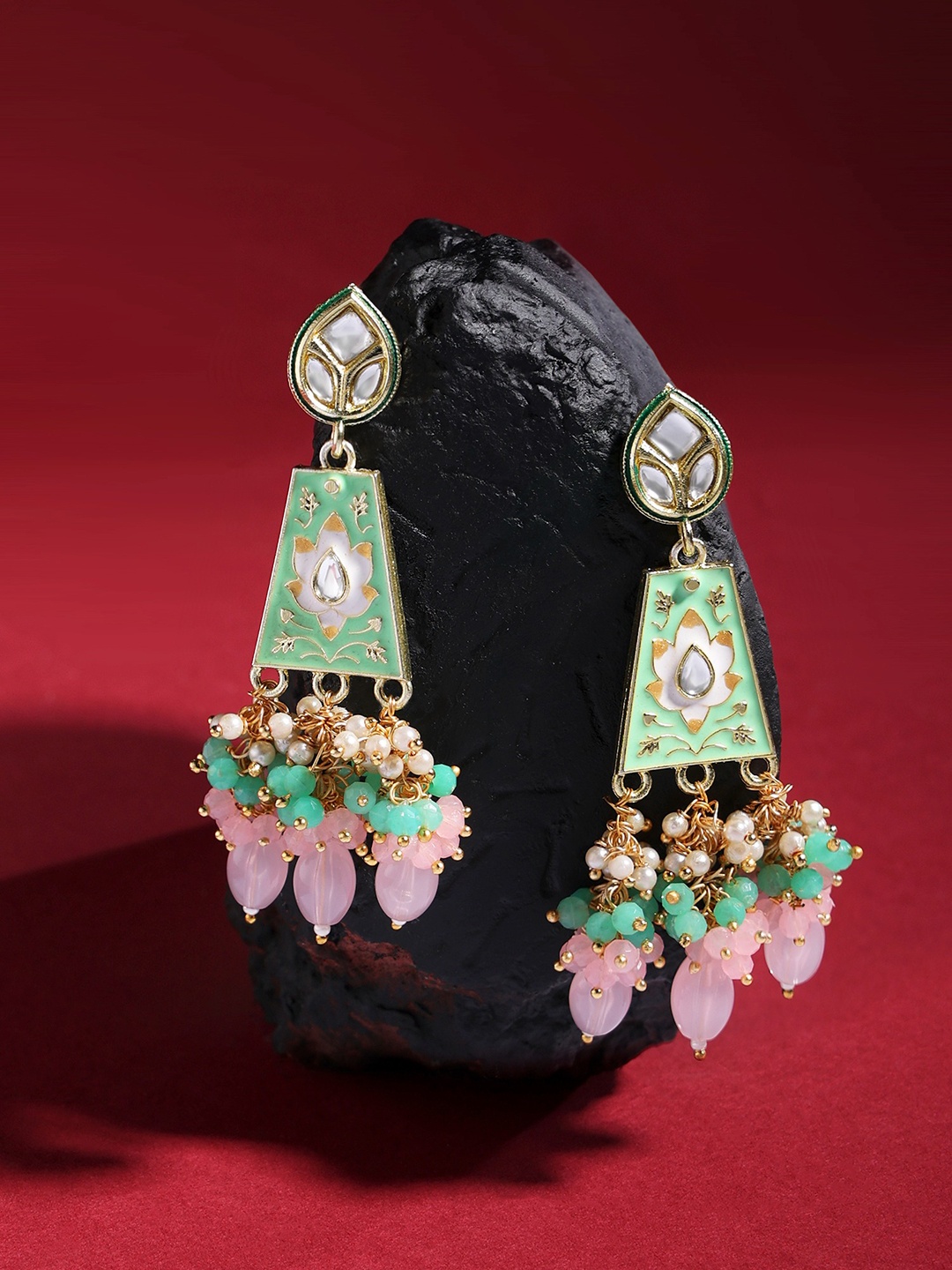 

Zaveri Pearls Gold Plated Contemporary Meenakari Kundan Studded Drop Earrings, Green