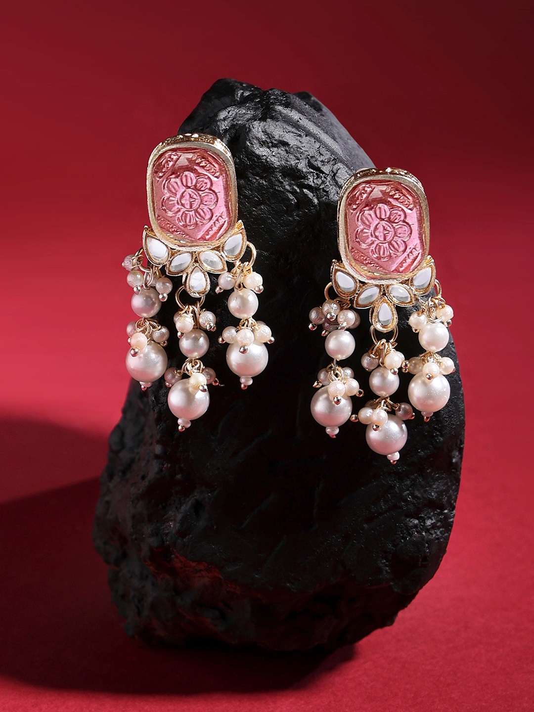 

Zaveri Pearls Gold-Plated Kundan Contemporary Drop Earrings, Pink