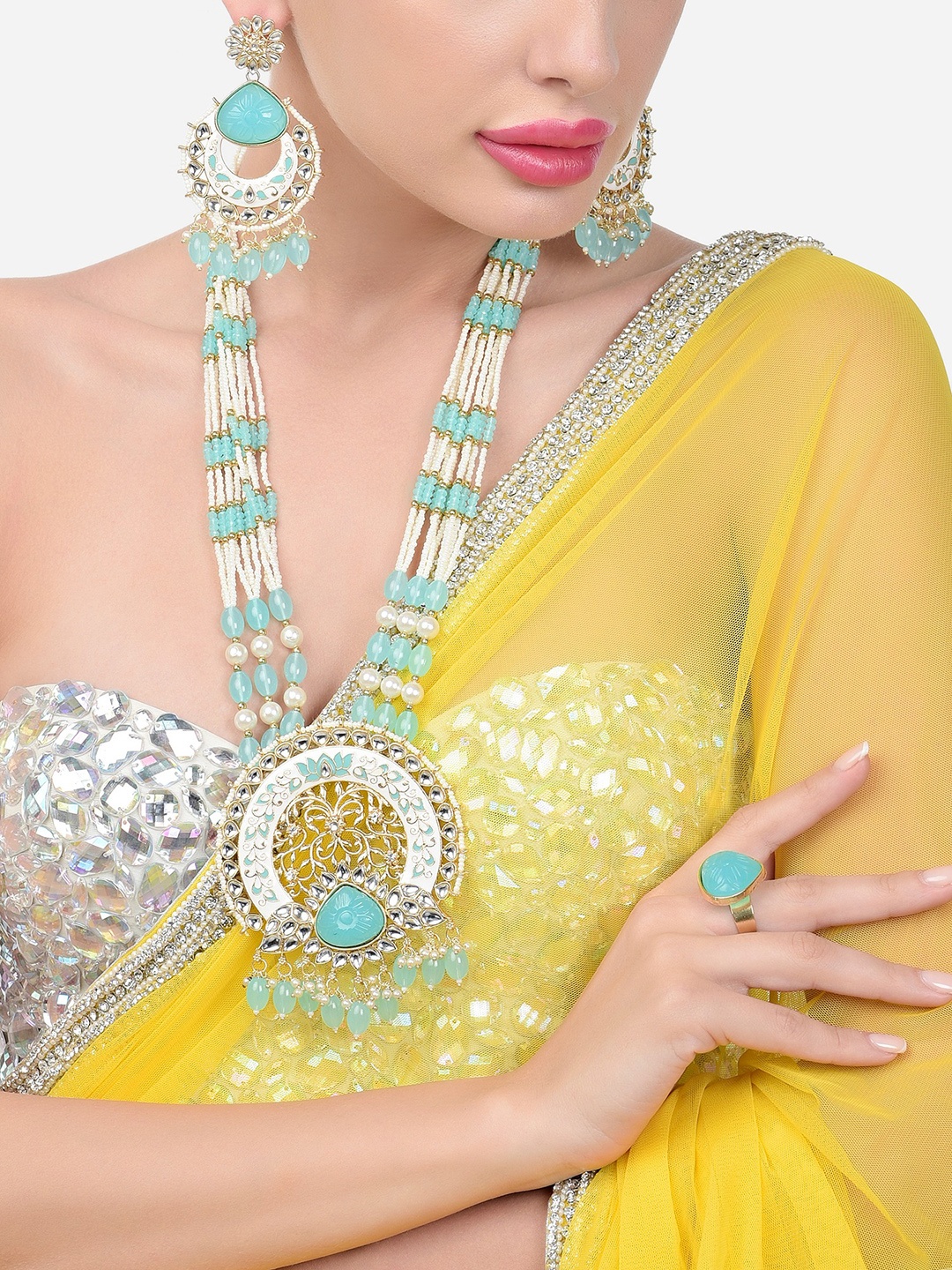 

Zaveri Pearls Gold-Plated Kundan Studded & Beaded Meenakari Jewellery Set, Turquoise blue