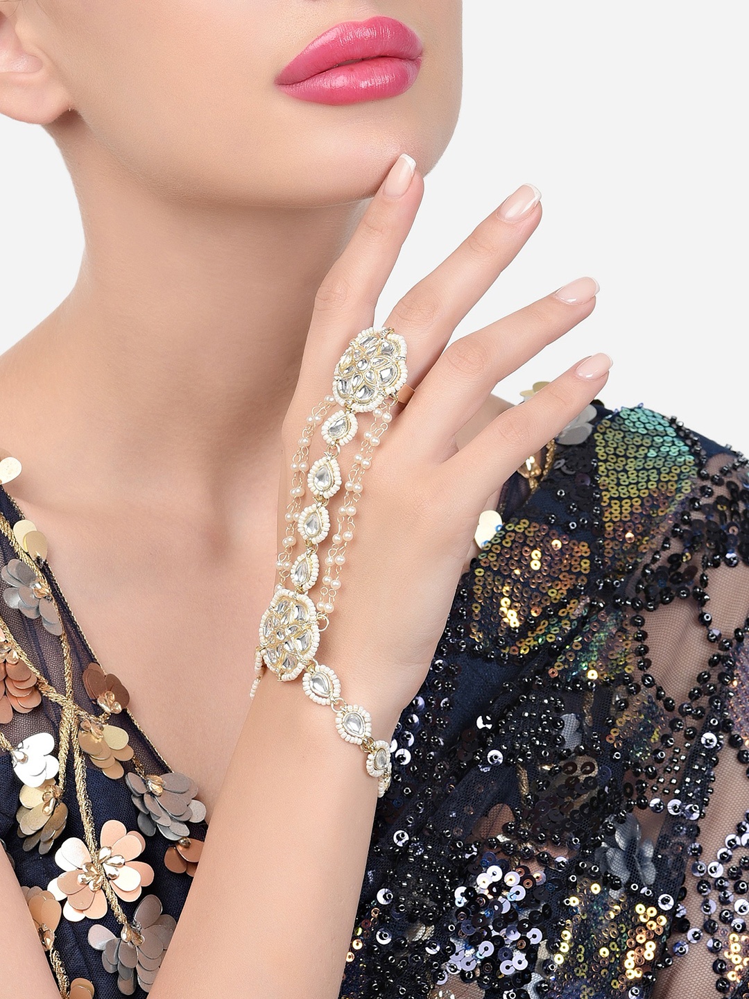 

Zaveri Pearls Women Kundan Gold-Plated Ring Bracelet