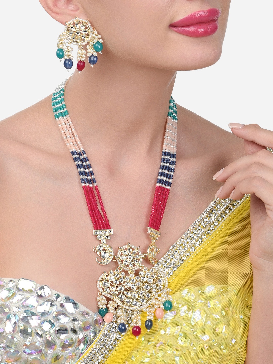 

Zaveri Pearls Gold-Plated Beads & Kundan -Studded Layered Jewellery Set, Blue