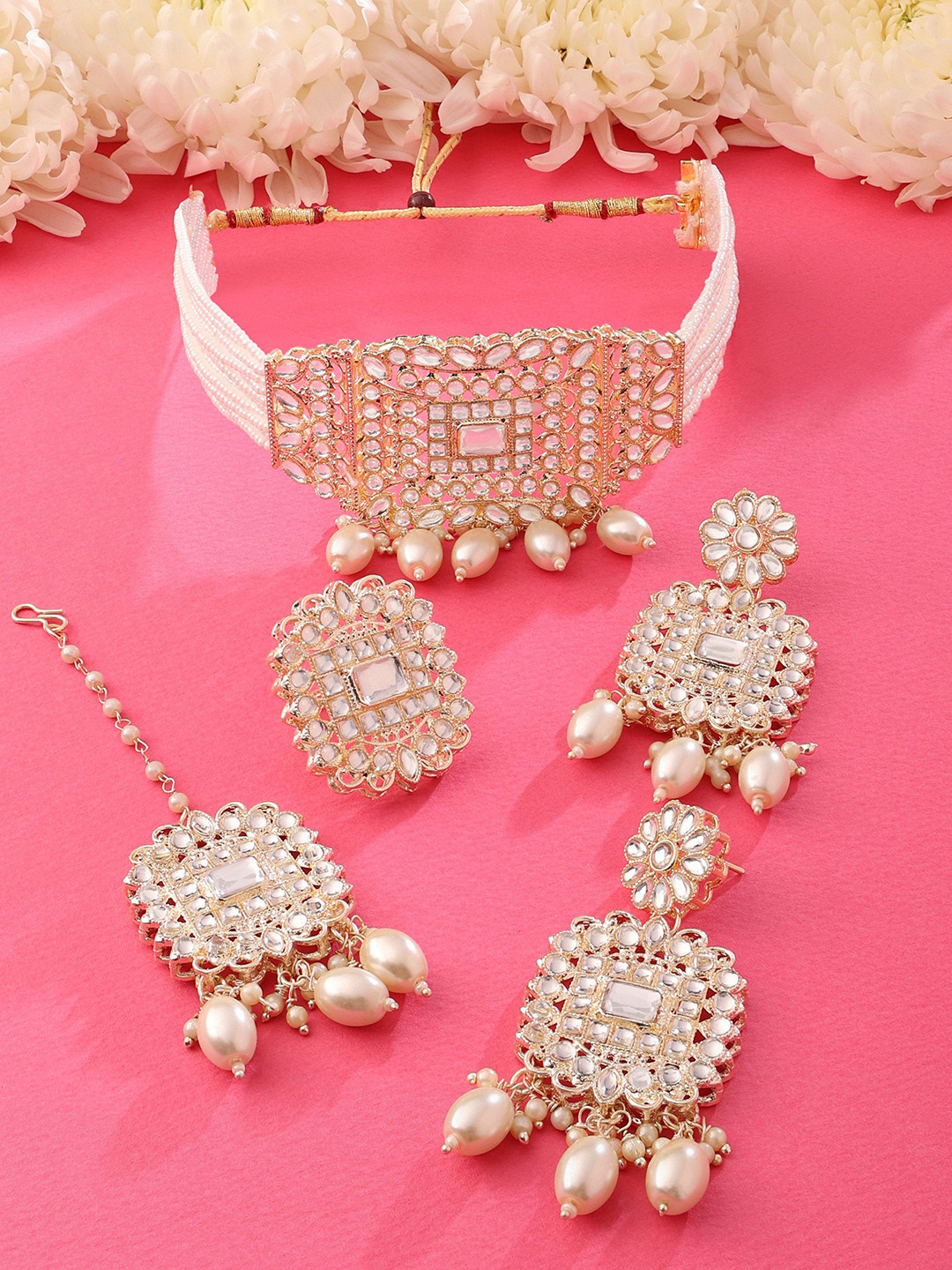 

Zaveri Pearls Kundan Studded & Beaded Multistrand Jewellery Set, Gold