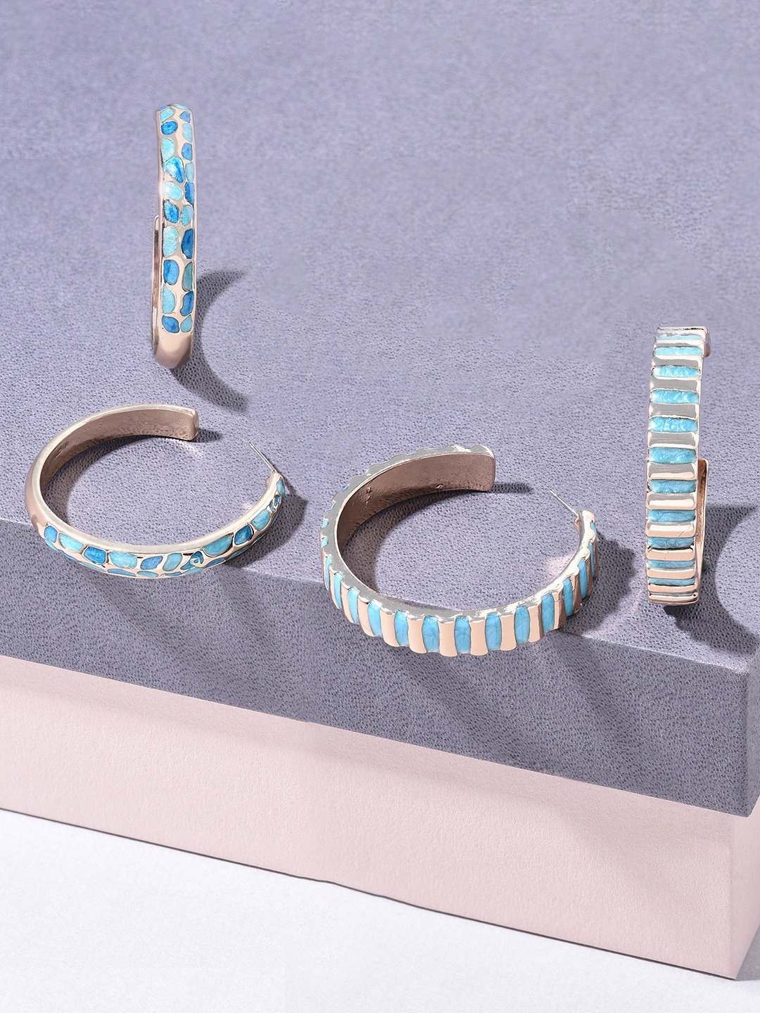 

Zaveri Pearls Set of 2 Gold-Plated Contemporary Half Hoop Earrings, Turquoise blue
