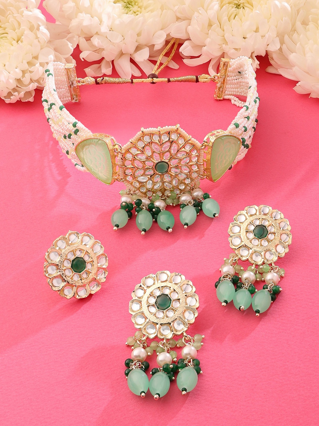 

Zaveri Pearls Gold-Plated Stone-Studded & Beaded Jewellery Set, Green