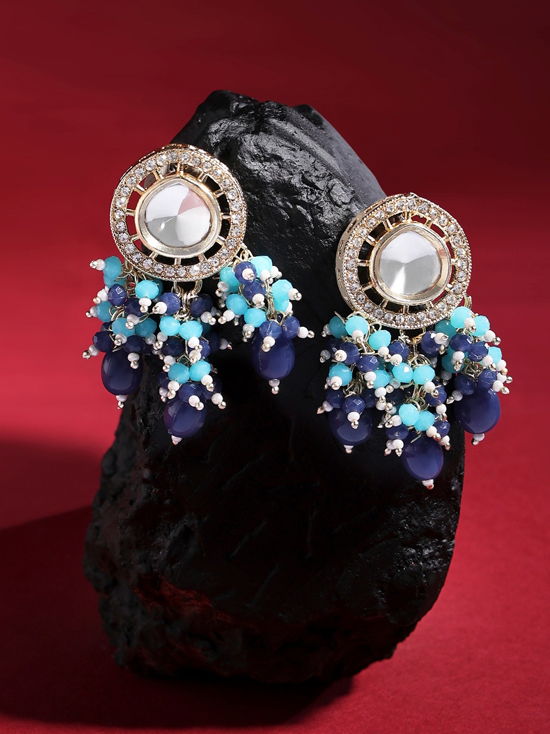 

Zaveri Pearls Gold-Plated Cluster Beads Embellished Kundan Traditional Drop Earring, Turquoise blue