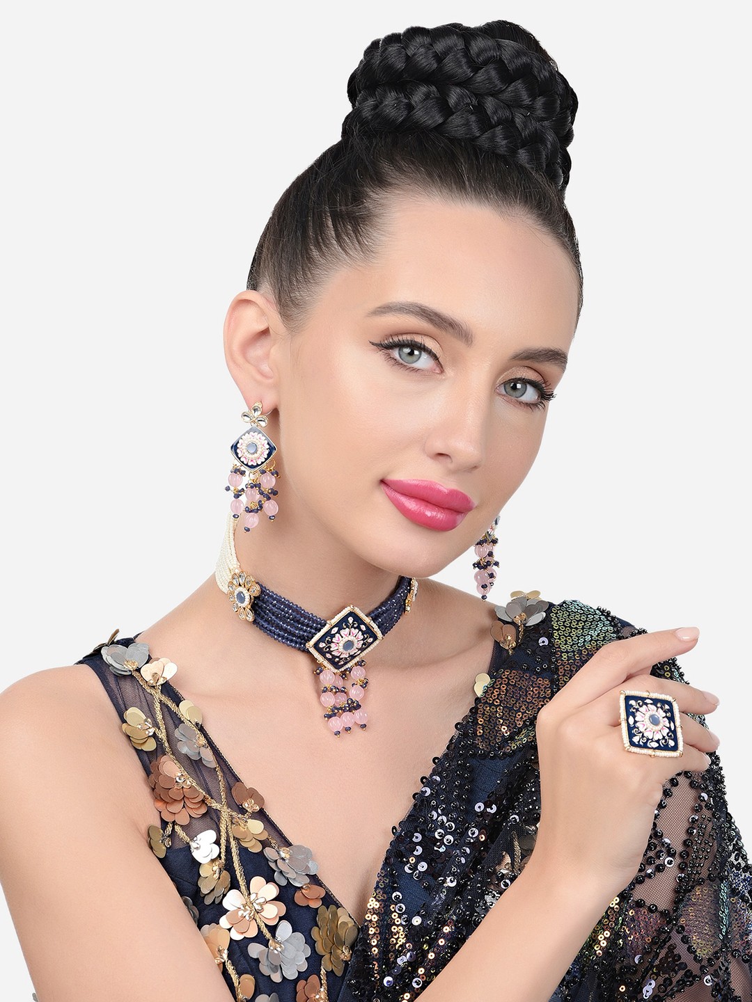 

Zaveri Pearls Gold-Plated Kundan Studded & Beaded Jewellery Set, Navy blue
