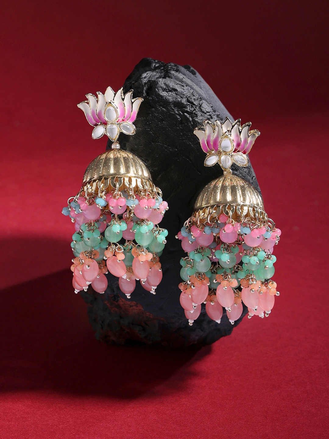 

Zaveri Pearls Gold-Plated Meenakari Contemporary Jhumkas Earrings, Pink