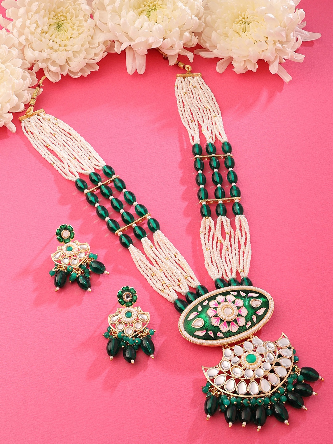 

Zaveri Pearls Gold-Plated Kundan Studded & Beaded Meenakari Jewellery Set, Green