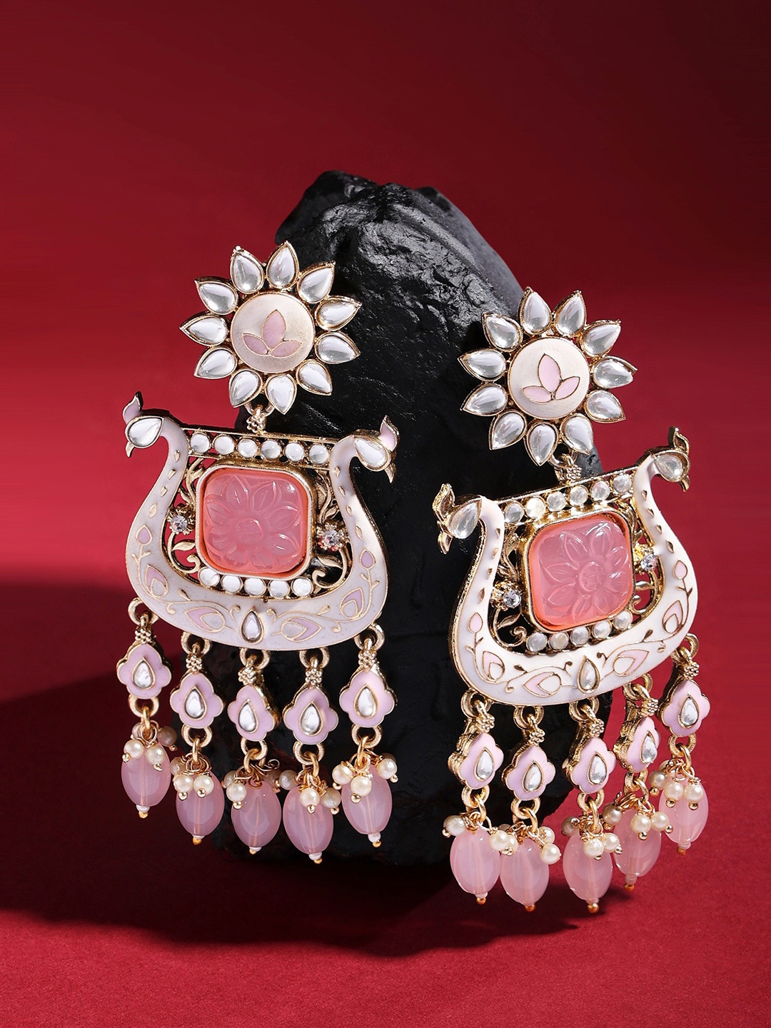 

Zaveri Pearls Gold-Plated Kundan Peacock Shaped Meenakari Drop Earrings, Pink