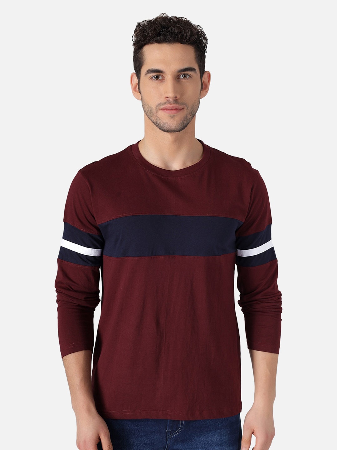 

The Dry State Men Striped Long Sleeve Cotton T-shirt, Burgundy