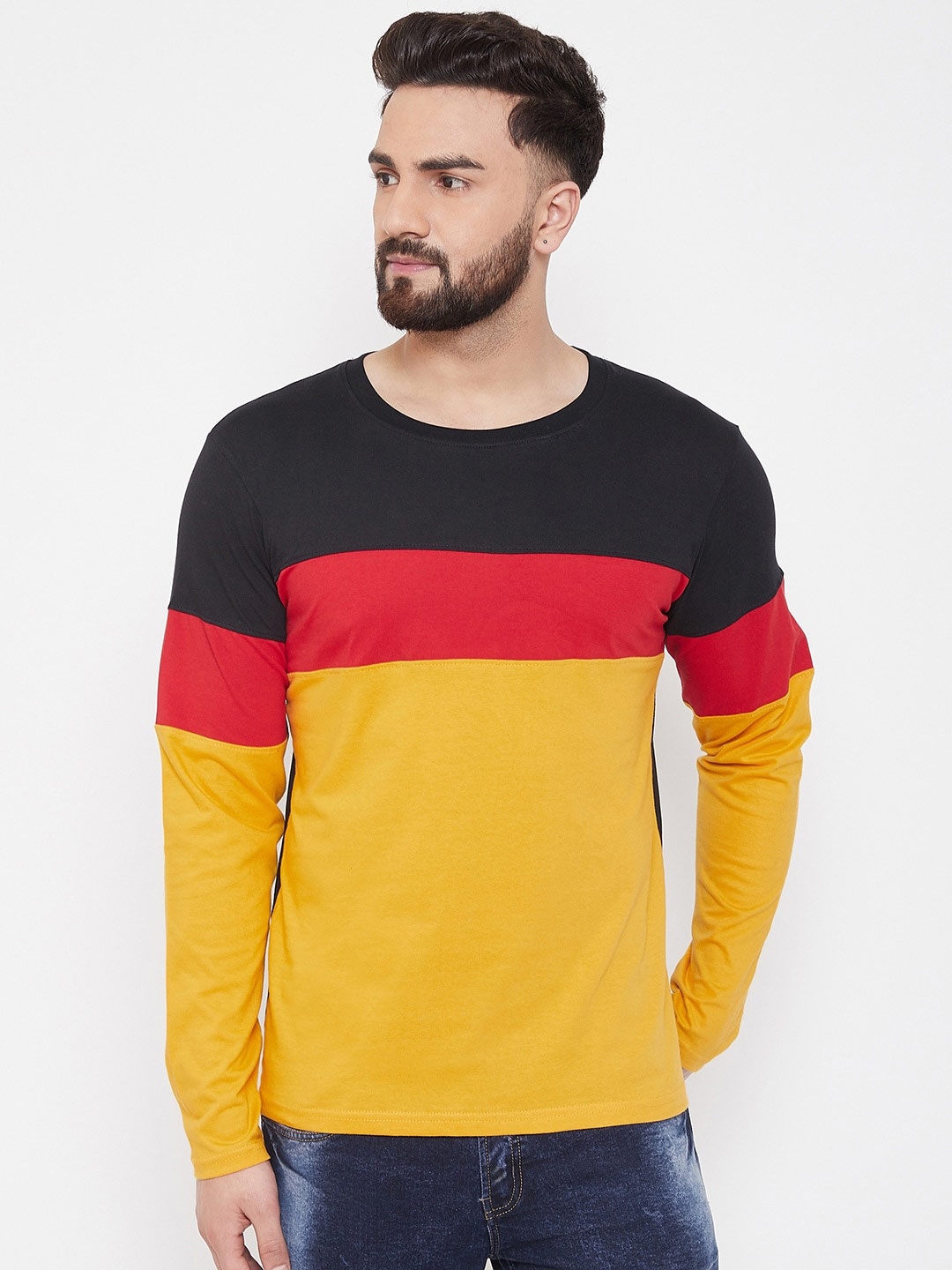 

The Dry State Round Neck Long Sleeves Colourblocked Knitted Cotton T-shirt, Yellow