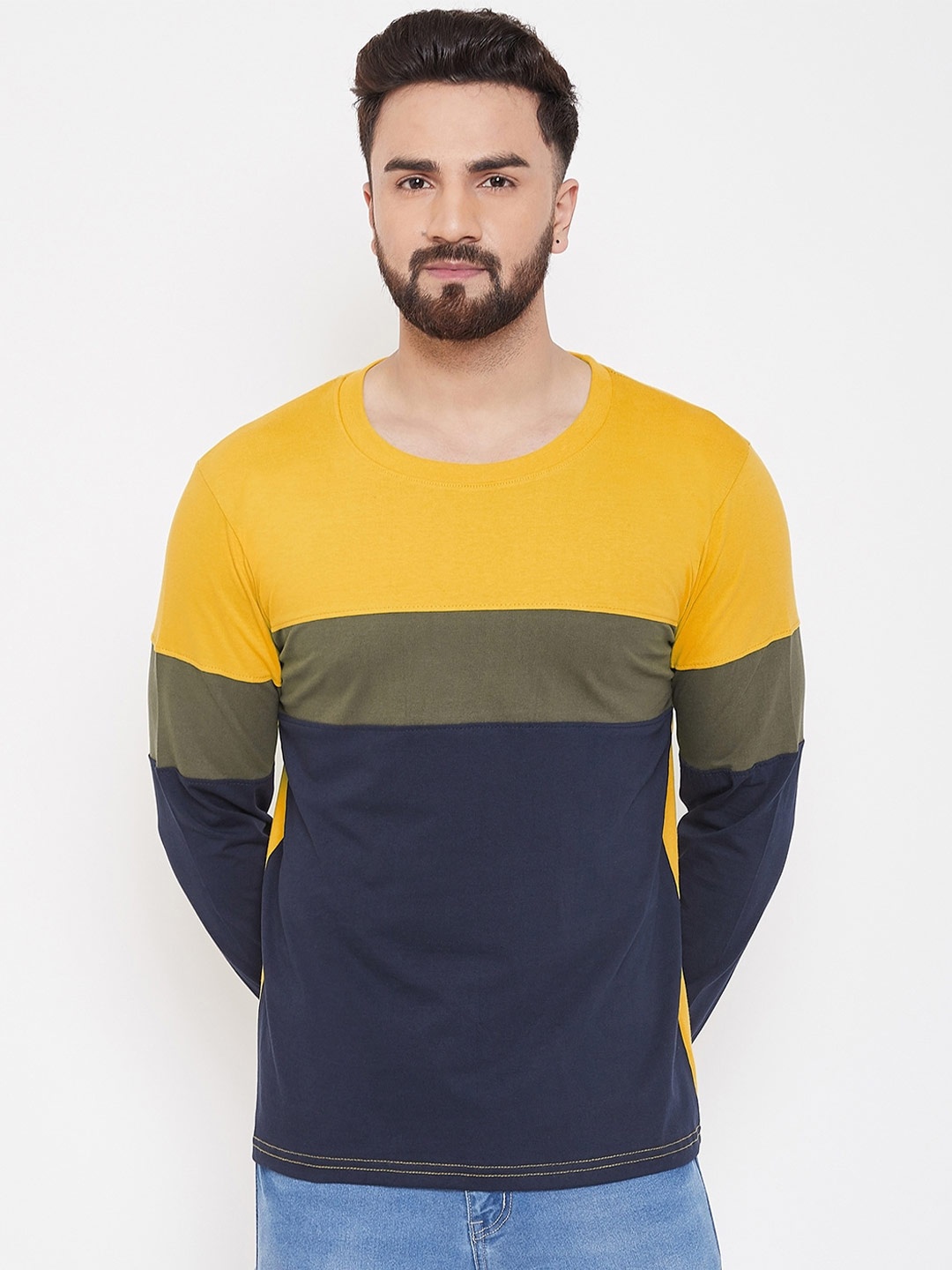 

The Dry State Men Colourblocked Long Sleeve Cotton T-shirt, Navy blue