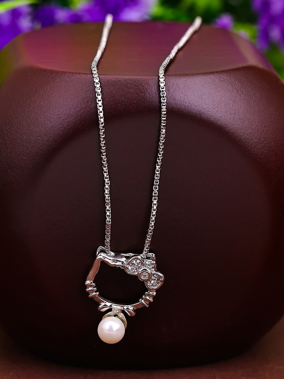 

Pissara by Sukkhi 925 Sterling Silver Silver-Plated CZ-Studded & Pearl Beaded Pendant With Chain