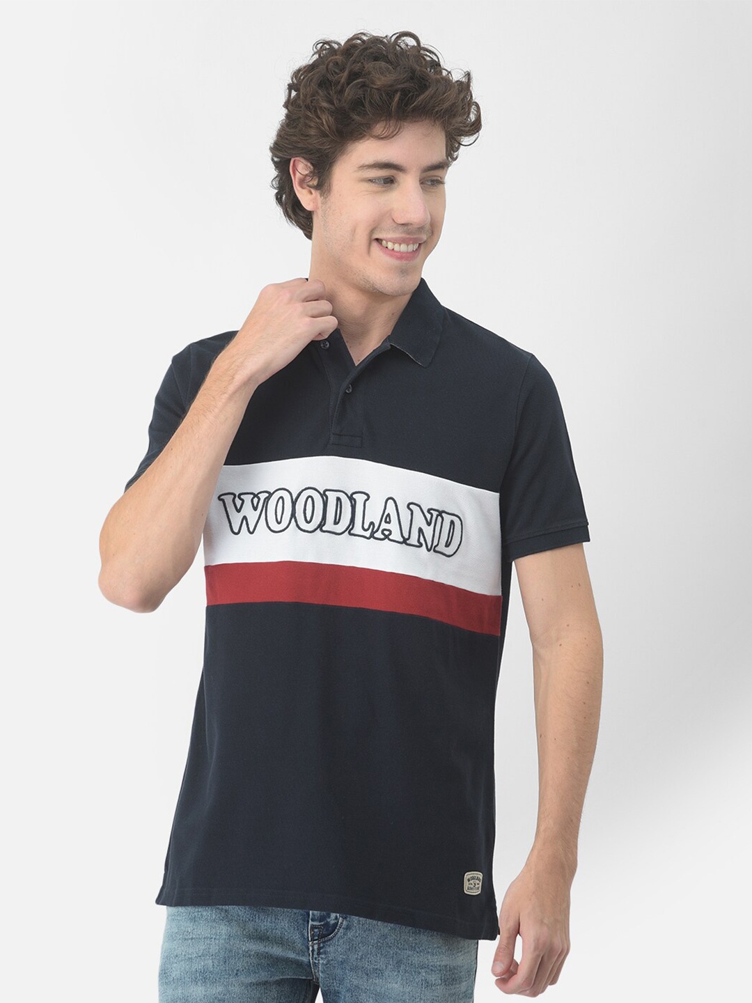 

Woodland Men Typography Printed Cotton Polo Collar T-shirt, Navy blue