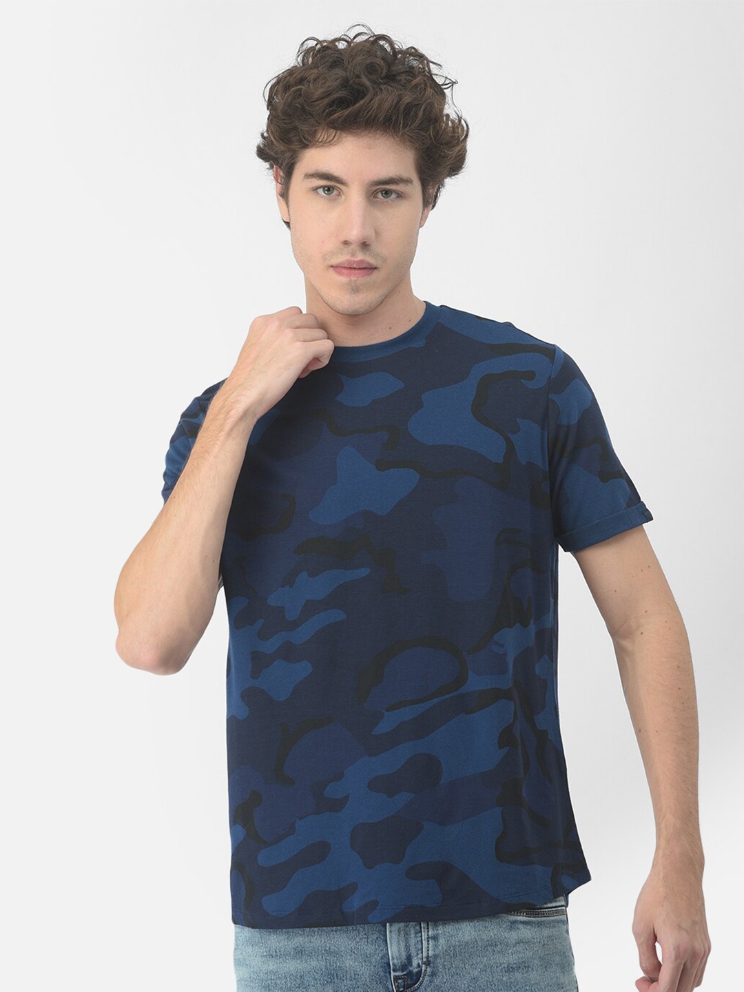 

Woodland Men Camouflage Printed Round Neck Pure Cotton T-shirt, Navy blue