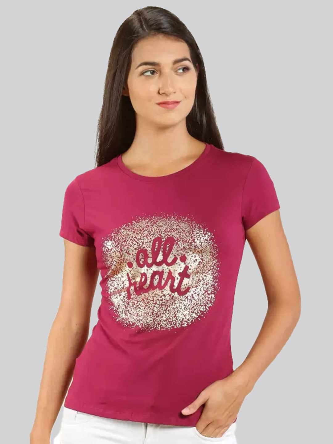 

LYRA Women Typography Printed Cotton T-shirt, Magenta