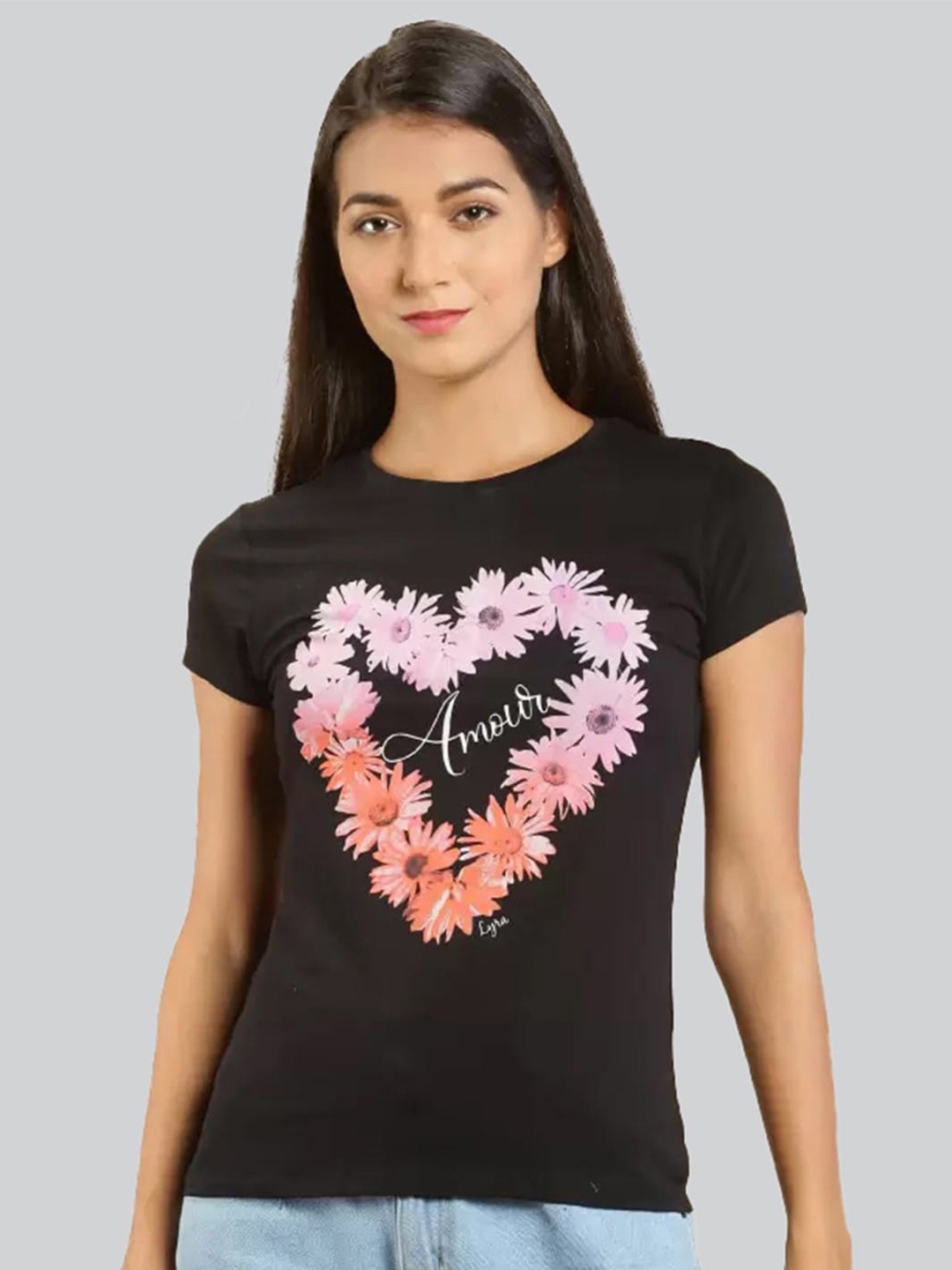 

LYRA Women Floral Printed Cotton T-shirt, Coffee brown
