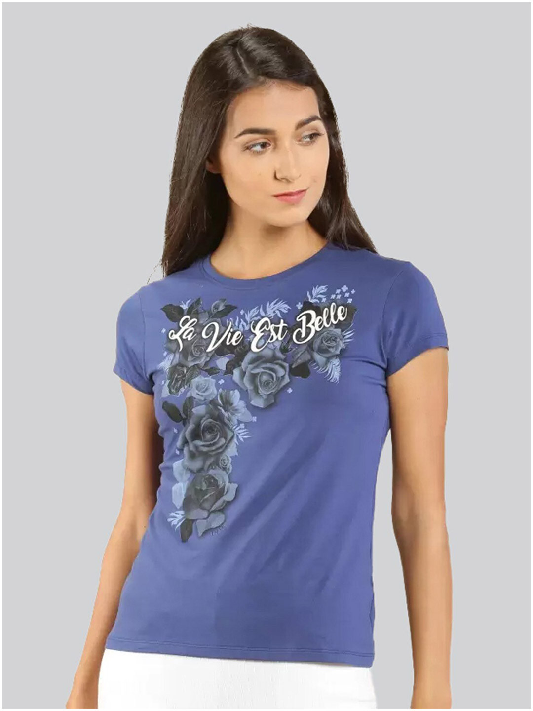 

LYRA Women Floral Printed Casual Cotton T-shirt, Blue