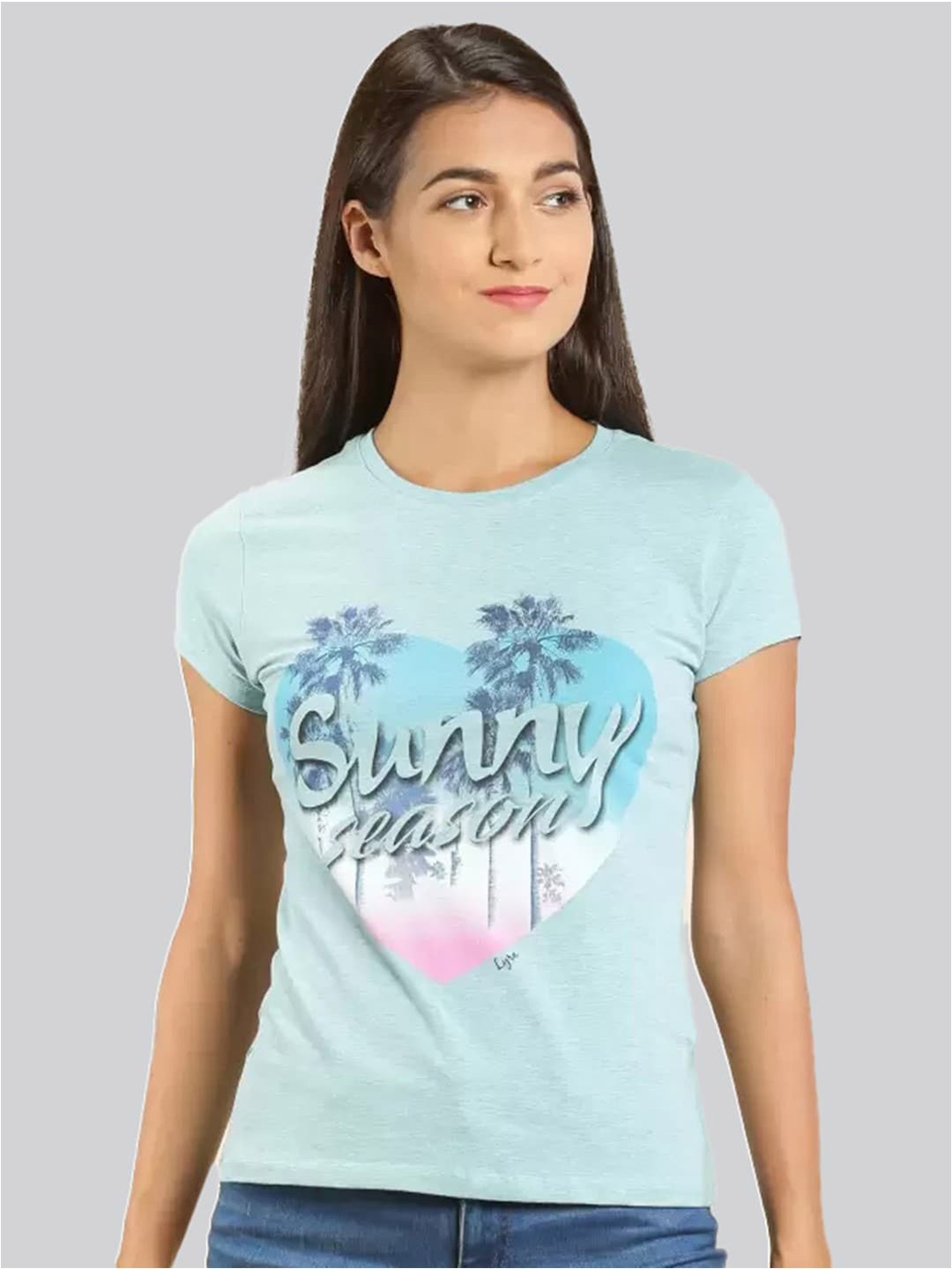

LYRA Women Printed Round Neck Cotton T-shirt, Blue
