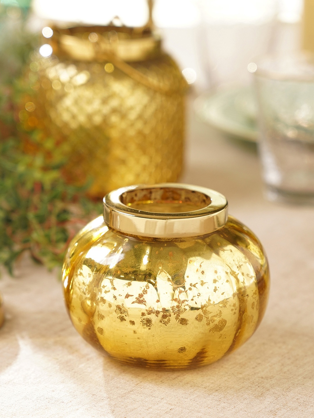 

Pure Home and Living Gold-Toned Printed Glass Tea Light Candle Holder