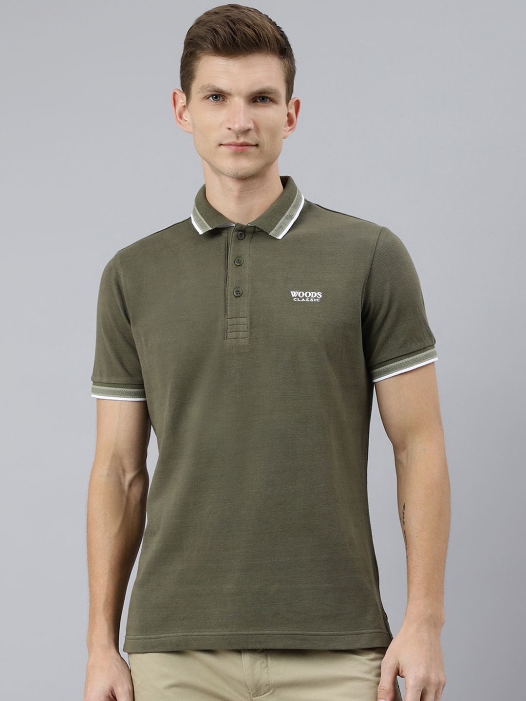 

Woods Men Polo Collar Pure Cotton T-shirt, Olive