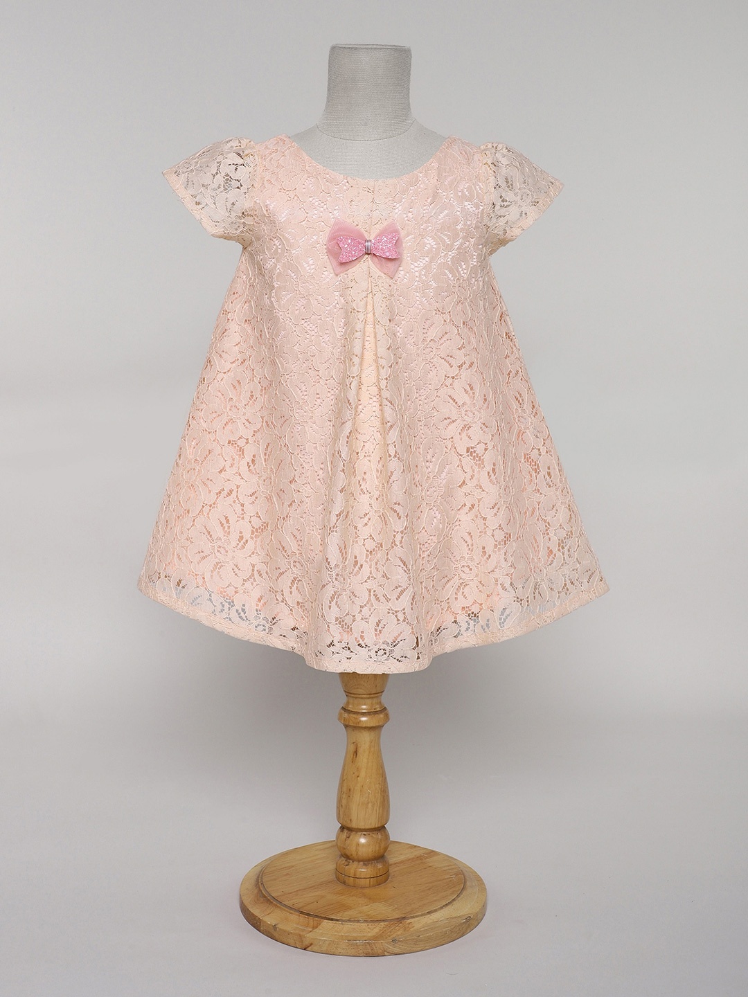 

MANY FROCKS & Girls Floral Self Design Bow Detailed A-Line Dress, Peach
