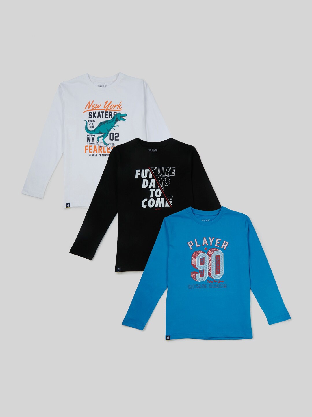 

Gini and Jony Boys Pack Of 3 Typography Prnted Long Sleeves Cotton T-shirts, Blue