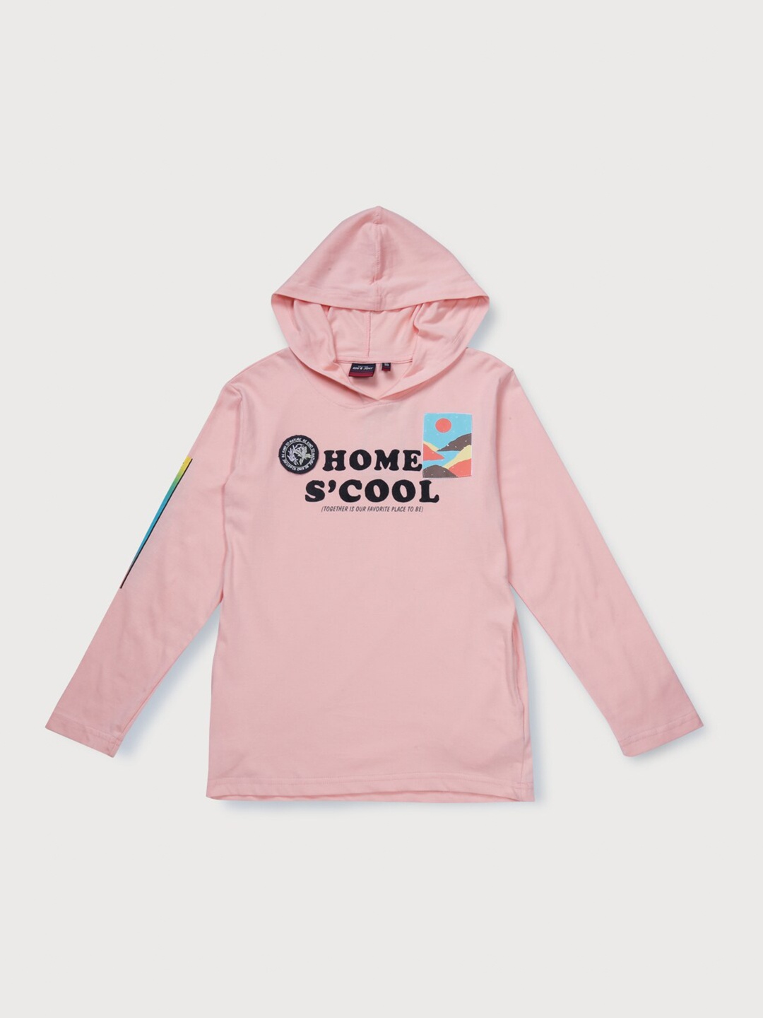 

Gini and Jony Boys Hooded Long Sleeves Typography Printed Cotton T-shirt, Peach