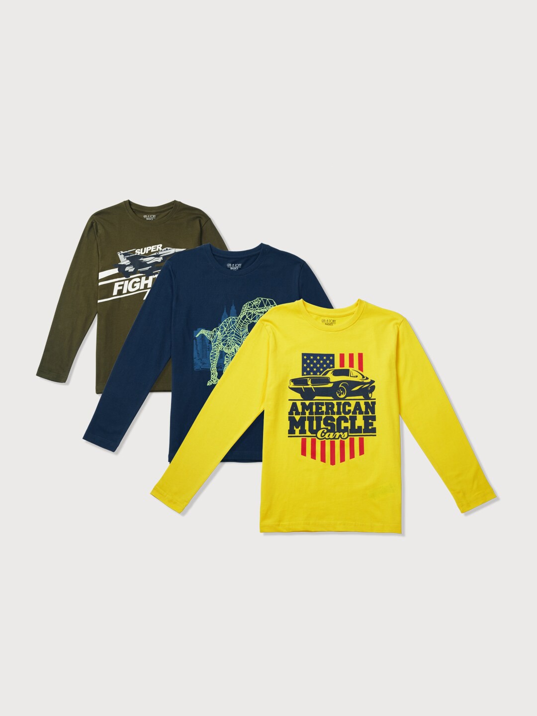 

Gini and Jony Boys Pack Of 3 Round Neck Long Sleeves Graphic Printed Cotton T-shirt, Yellow