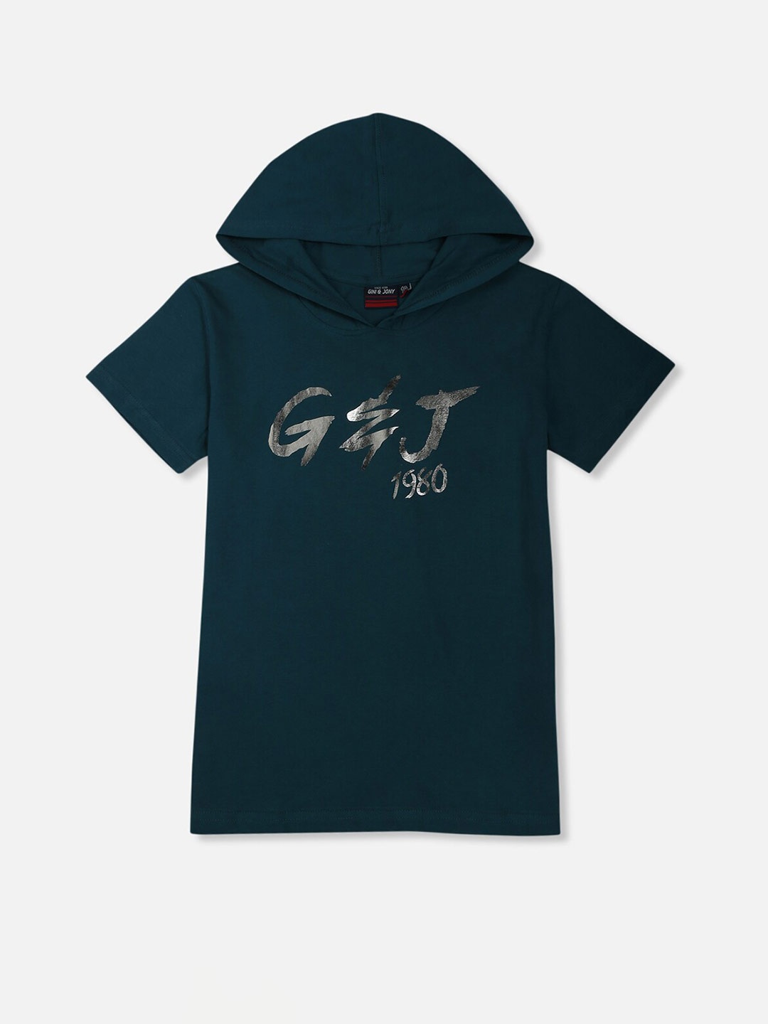 

Gini and Jony Boys Typography Printed Hooded Cotton T-shirt, Teal