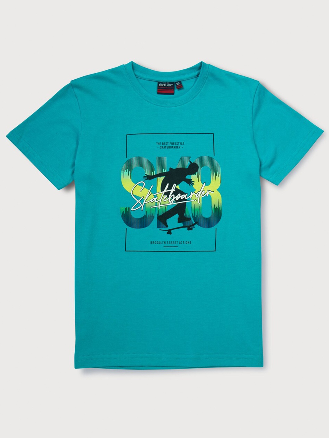 

Gini and Jony Boys Graphic Printed Cotton T-shirt, Turquoise blue