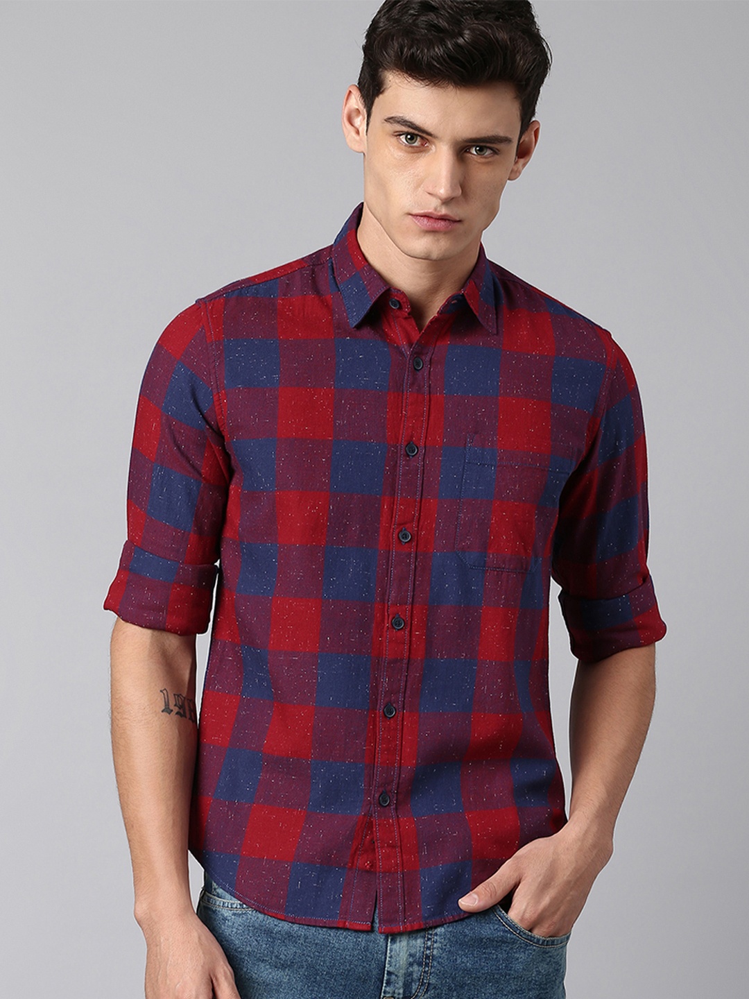 

Dennis Lingo Men Modern Slim Fit Checked Casual Pure Cotton Shirt, Red