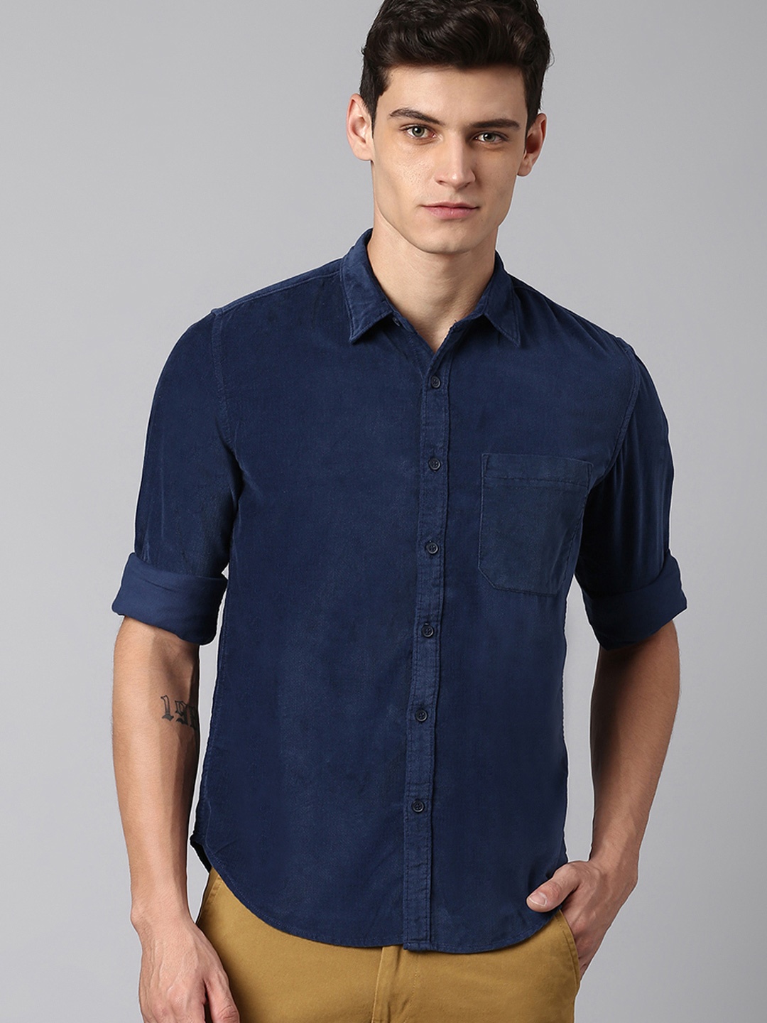 

Dennis Lingo Men Modern Slim Fit Pure Corduroy Casual Shirt, Blue