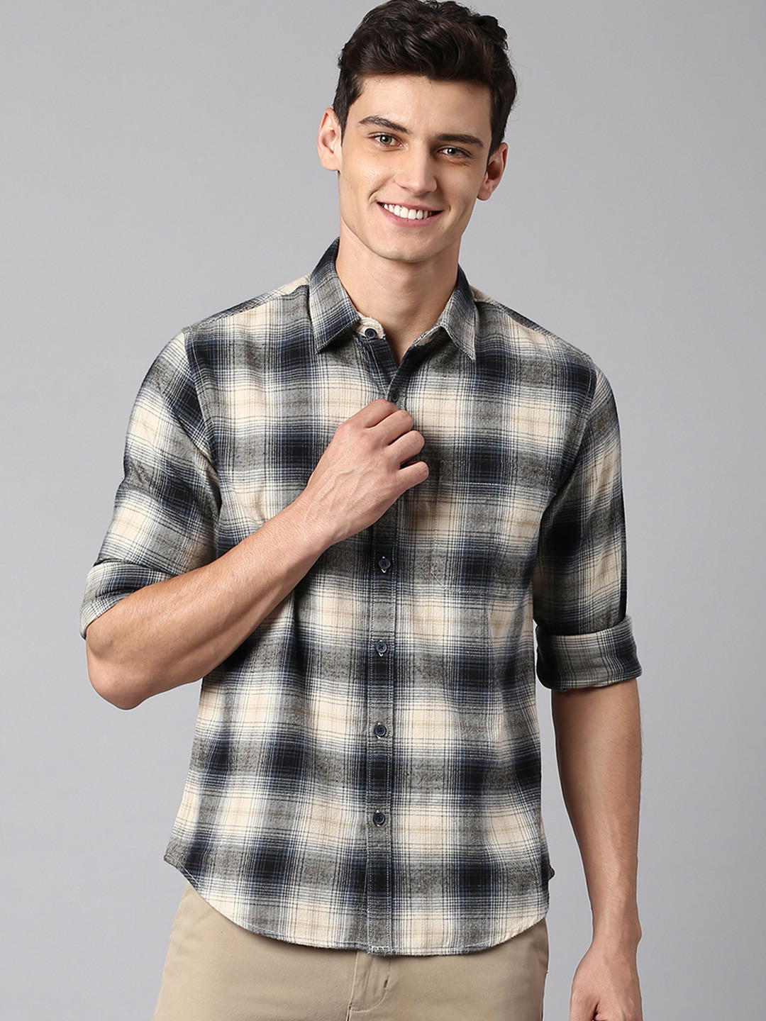 

Dennis Lingo Men Modern Slim Fit Checked Pure Cotton Casual Shirt, Beige