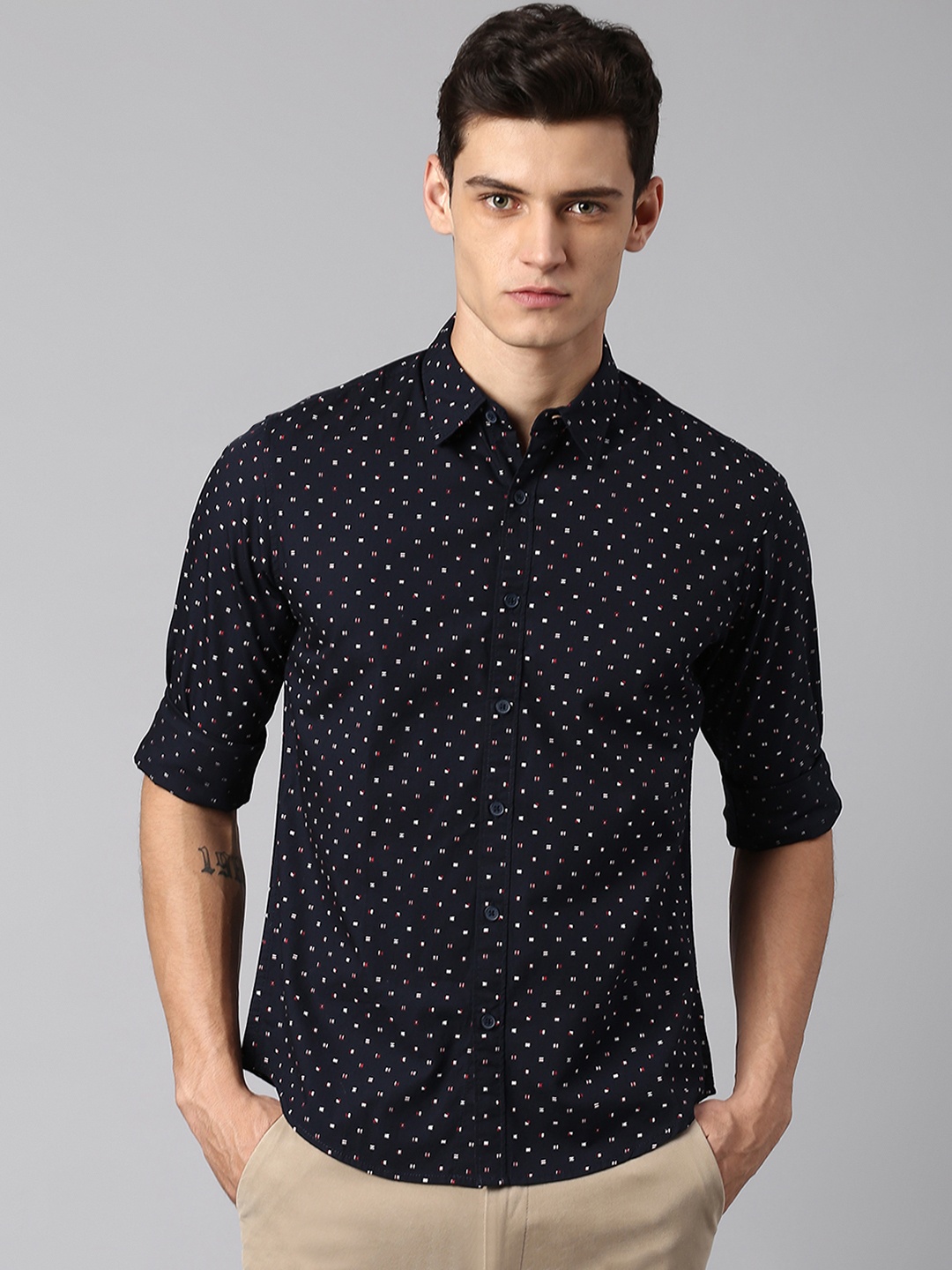 

Dennis Lingo Micro Ditsy Printed Modern Slim Fit Casual Pure Cotton Shirt, Navy blue