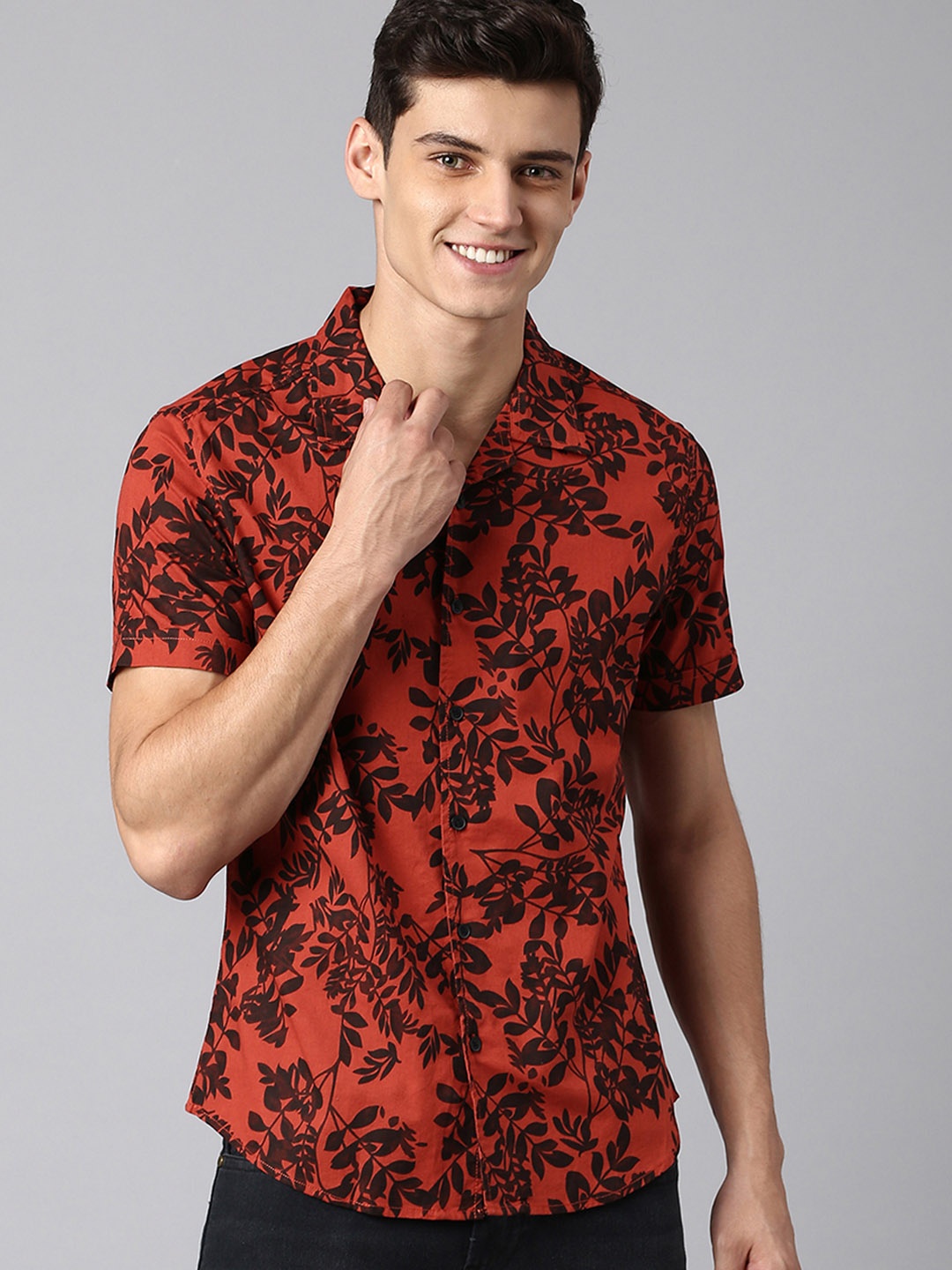 

Dennis Lingo Floral Printed Modern Slim Fit Casual Pure Cotton Shirt, Red